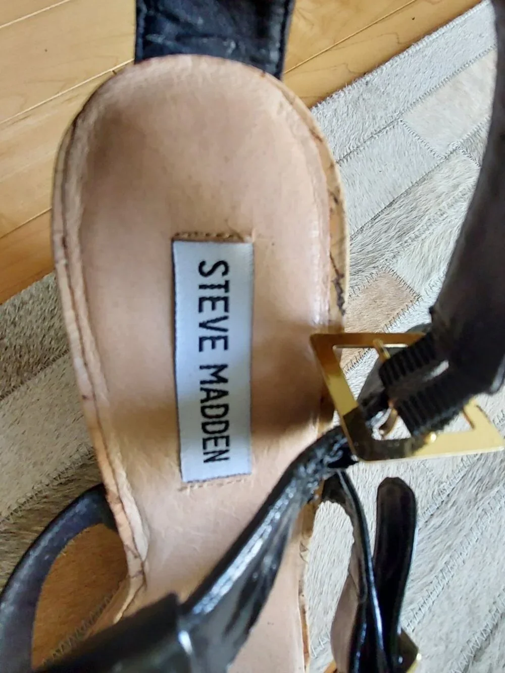 Steve Madden Black Patent Leather Cork Wedge Sandals Size 7.5